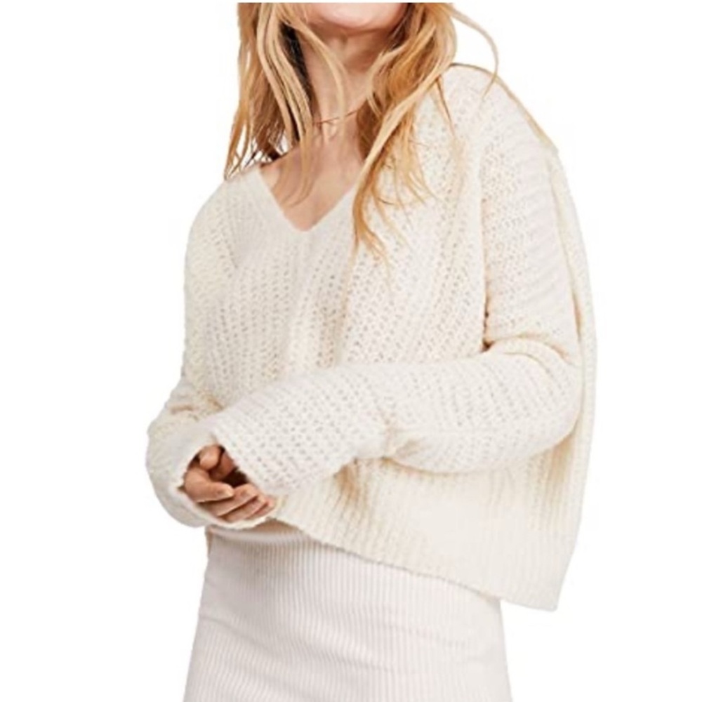 Salanida Cozy Cream Waffle Knit Off the shoulders V-neck Wool Sweater XS